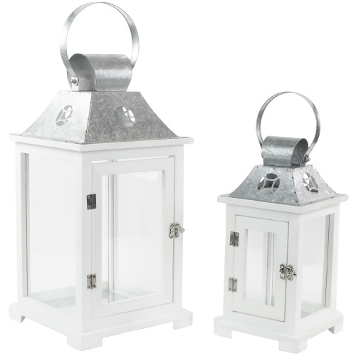 Wooden Candle Lanterns with Galvanized Metal Tops - 19.5" - White - Set of 2 - IMAGE 1