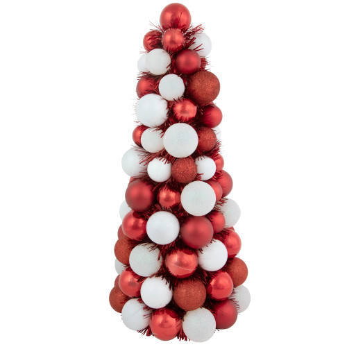 3-Finish Shatterproof Ball Christmas Tree with Tinsel - 15.75" - Red and White - IMAGE 1