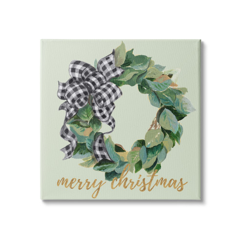 "Merry Christmas" Green Leaf Wreath Stretched Canvas Wall Art, 24" x 24" - IMAGE 1