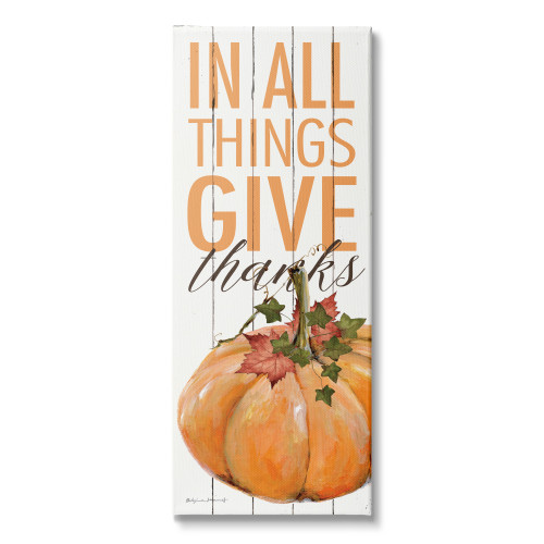 Fall Harvest "In All Things Give Thanks" Pumpkin Stretched Canvas Wall Art, 13" x 30" - IMAGE 1