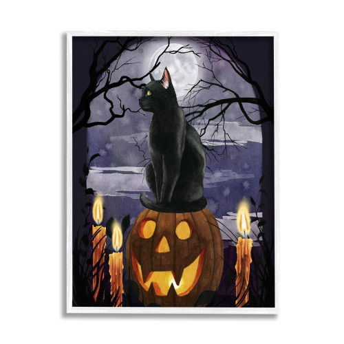 Full Moon Halloween Night Black Cat Jack-O-Lantern White Framed Texturized Art, 11" x 14" - IMAGE 1