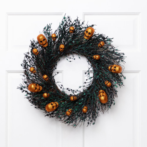 Glittered Skulls and Spiders Halloween Twig Wreath - 22" - Unlit - IMAGE 1