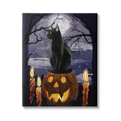 Full Moon Halloween Night Black Cat Jack-O-Lantern Stretched Canvas Wall Art, 30" x 40" - IMAGE 1