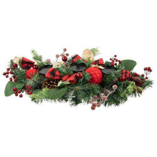 Pine and Berries Triple Candle Holder with Plaid Bows and Christmas Ornaments - 30" - IMAGE 1