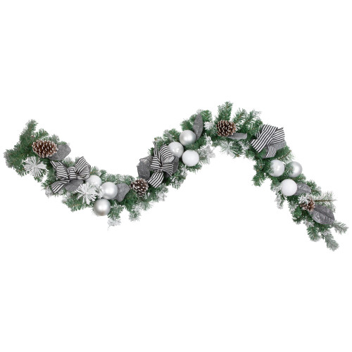 6' Frosted Pine Artificial Christmas Garland with Striped Bows and Ornaments - IMAGE 1