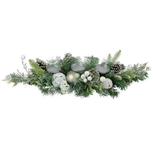 Frosted Pine and Pinecones with Laced Ornaments Christmas Triple Candle Holder - 32" - IMAGE 1