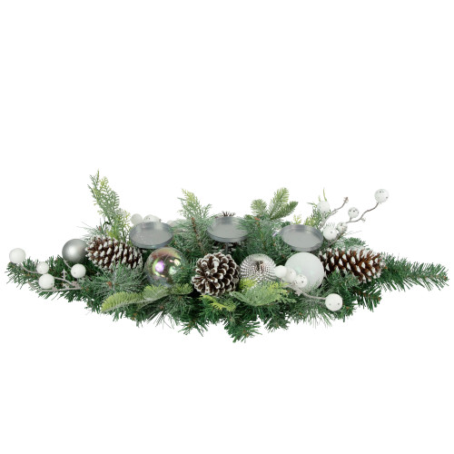 Pine and Berries Triple Candle Holder with Iridescent Christmas Ornaments - 32" - IMAGE 1