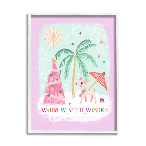 Tropical Beach “Warm Winter Wishes” Christmas Reindeer White Framed Wall Art, 24” x 30” - IMAGE 1