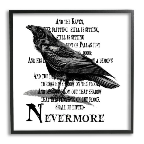 Halloween Creepy Crow Raven "Nevermore" Black Framed Wall Art, 24” x 24” - IMAGE 1