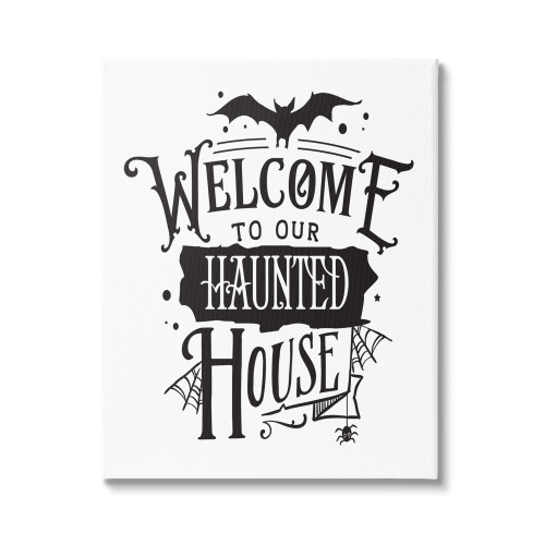 Bat and Spider Web "Welcome to our Hunted House" Halloween Canvas Wall Art, 16" x 20" - IMAGE 1