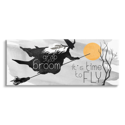 Flying Witch “Broom It’s Time to Fly” Halloween Canvas Wall Art, 10" x 24” - IMAGE 1