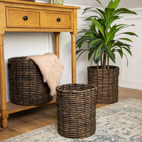 Natural Woven Table and Floor Cylindrical Seagrass Baskets - Dark Brown - Set of 3 - IMAGE 1