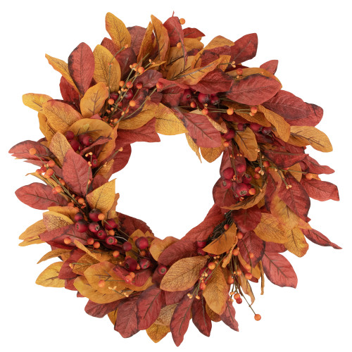 Berries with Leaves Artificial Fall Harvest Twig Wreath, 24-Inch, Unlit - IMAGE 1