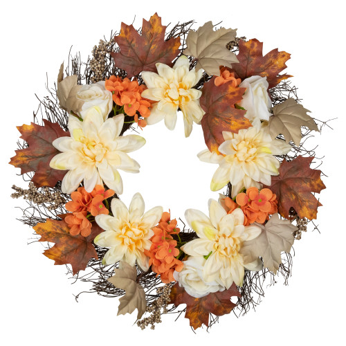 Dahlias, Maple Leaves and Berries Artificial Fall Harvest Floral Twig Wreath - 22" - IMAGE 1