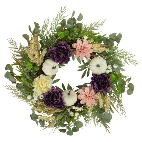 Peony, Dahlia and Pumpkins Artificial Floral Fall Harvest Wreath - 24" - IMAGE 1
