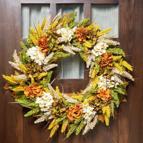 Hydrangeas and Pip Berry Clusters Floral Artificial Fall Harvest Wreath - 28" - IMAGE 1