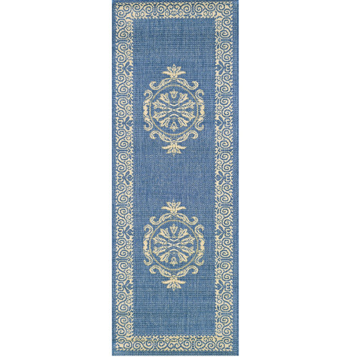 2.25' x 7.75' Blue and Yellow Rectangular Polypropylene Area Throw Rug Runner - IMAGE 1