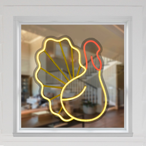 Pre-lit LED Turkey Thanksgiving Neon Wall or Window Decoration – 15" - Yellow and Red - IMAGE 1
