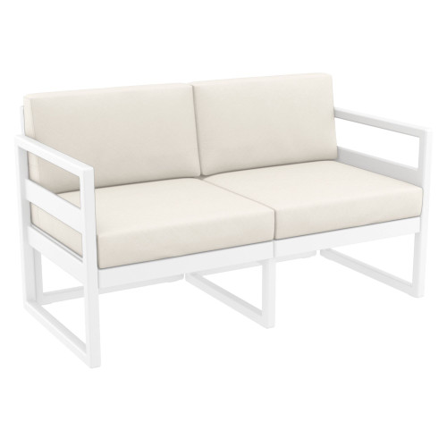 55" White Outdoor Patio Loveseat with Sunbrella Natural Beige Cushion - IMAGE 1