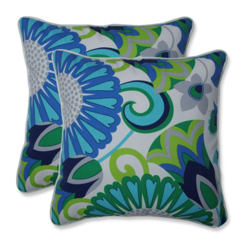 Set of 2 Green and Blue Floral Patio Square Throw Pillows 16.5" - IMAGE 1