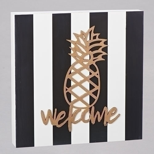 10.5" Black and White Striped Pineapple Welcome Laser Cut Square Wall Plaque - IMAGE 1