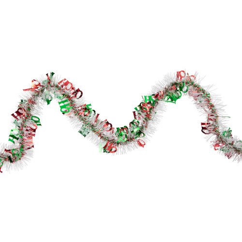 Christmas HO HO HO Wrapped Tinsel Commercial Garland - 50' x 2.5" - White Red and Green - Unlit - IMAGE 1