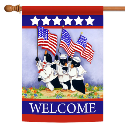 Patriotic Penguin Navy Sailors "Welcome" Outdoor Flag - 40" x 28" - IMAGE 1