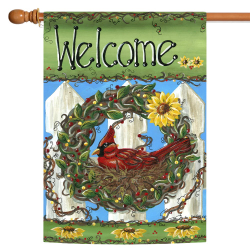 Cardinal in Bird Nest 'Welcome' Floral Outdoor Flag - 40" x 28" - IMAGE 1