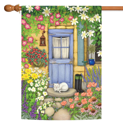 Flowers and a Cat Outdoor House Flag 40" x 28" - IMAGE 1