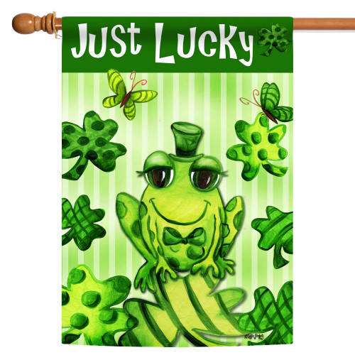 Frog and 3-Leaf Clovers "Just Lucky" Fade Resistant Outdoor Flag - 40" x 28" - IMAGE 1
