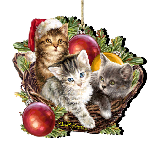 Kittens in a Basket Wooden Christmas Ornaments - 5.5" - Set of 2 - IMAGE 1
