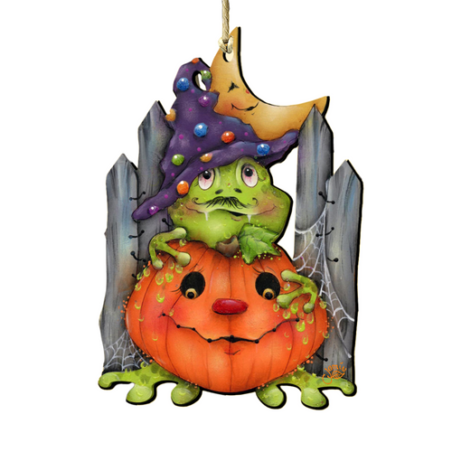 Set of 2 Witch Frog Pumpkin Wooden Halloween Ornaments 5.5" - IMAGE 1