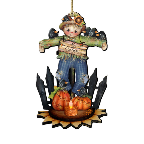 Set of 2 Pumpkins "No Crows" Scarecrow Wooden Halloween Ornaments 5.5" - IMAGE 1