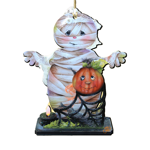 Set of 2 Mummy Pumpkin Wooden Halloween Ornaments 5.5" - IMAGE 1