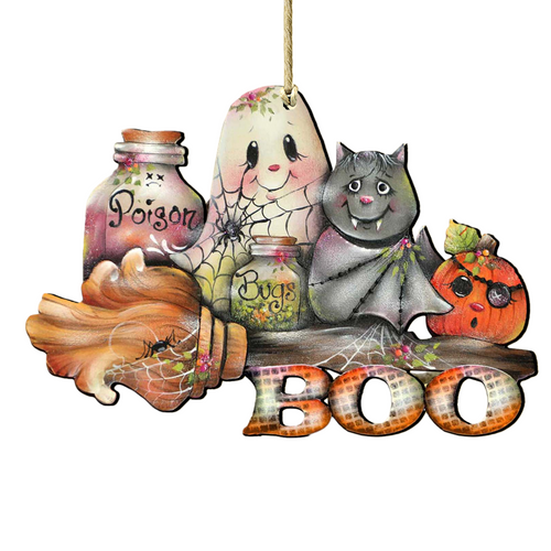 Set of 2 "Boo" Broom Wooden Halloween Ornaments 5.5" - IMAGE 1