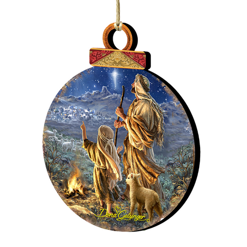 Set of 2 Watching Shepherds Round Wooden Christmas Ornaments 5.5" - IMAGE 1