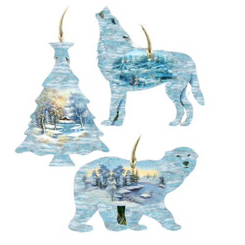 Set of 3 Snowy Christmas Tree Polar Bear and Wolf Wooden Ornaments 5.5" - IMAGE 1