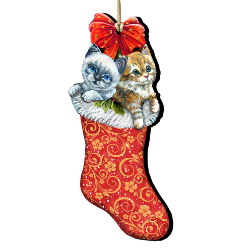 Set of 2 Kitty Cats Christmas Stocking Wood Ornaments 5.5" - IMAGE 1