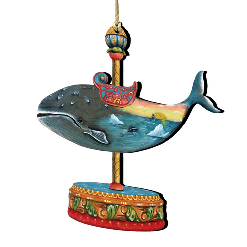 Set of 2 Whale Carousel Wooden Christmas Ornaments 5.5" - IMAGE 1