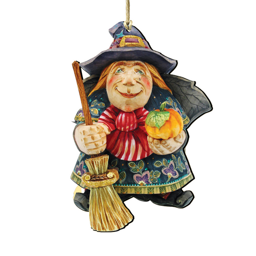 Set of 2 Witch Pumpkin Broom Wooden Halloween Ornaments 5.5" - IMAGE 1