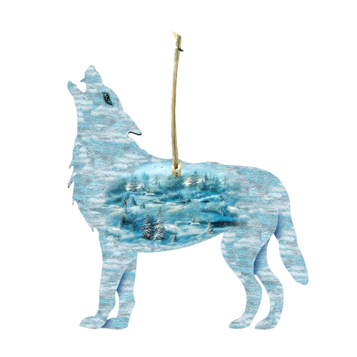 Set of 2 Winter Wolf Wooden Christmas Ornaments 5.5" - IMAGE 1