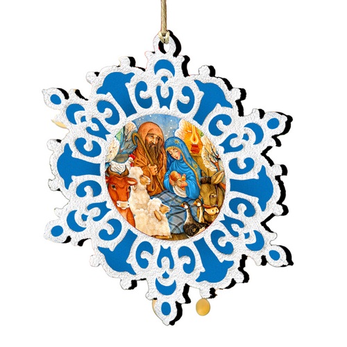 Set of 2 Snowflake Nativity Scene Wooden Christmas Ornaments 5.5" - IMAGE 1