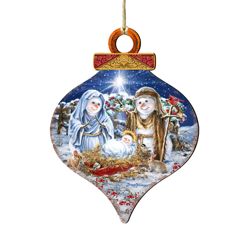 Set of 2 Snow Family Nativity Onion Shaped Wooden Christmas Ornaments 5.5" - IMAGE 1