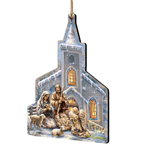 Set of 2 Nativity Scene in the Sanctuary Wood Ornaments 5.5" - IMAGE 1
