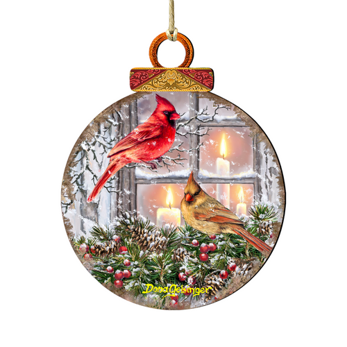 Set of 2 Winter House with Cardinals Round Wooden Christmas Ornaments 5.5" - IMAGE 1