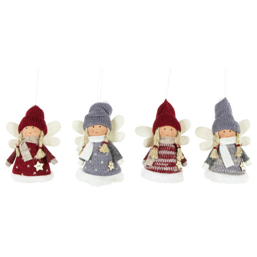 Plush Angel Girl Hanging Christmas Ornaments - 4.25" - Red and Gray -  Set of 4 - IMAGE 1