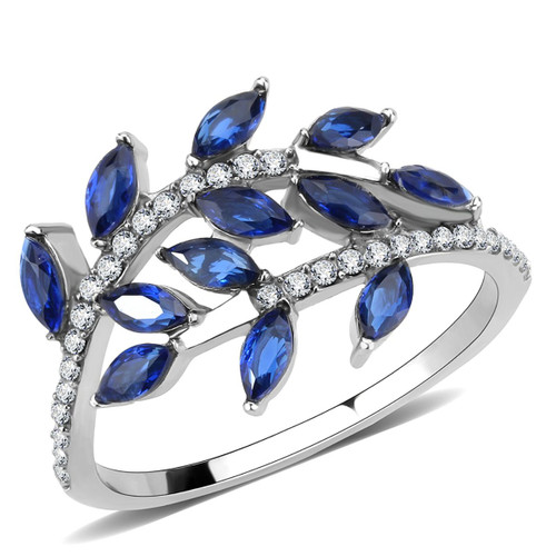 Women's Stainless Steel Leaf Design Ring with Synthetic London Blue Spinel - Size 9 (Pack of 2) - IMAGE 1