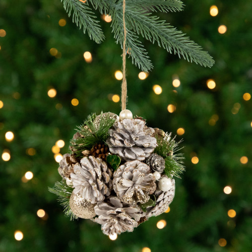 Glitter Pine Needle and Pinecones Christmas Ball Ornament - 5.5" - IMAGE 1