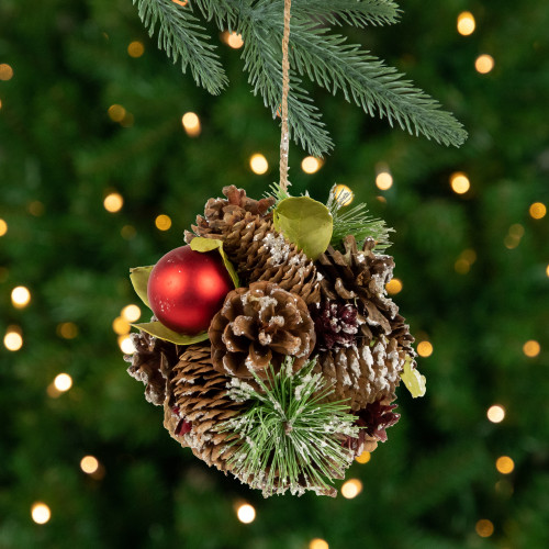 Berry and Pinecones Mixed Foliage Frosted Christmas Ball Ornament - 5.5" - IMAGE 1