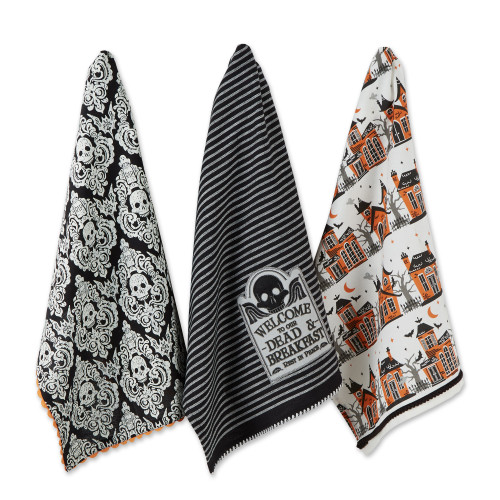 Haunted House Halloween Dishtowels - 28" - Black and Orange - Set of 3 - IMAGE 1